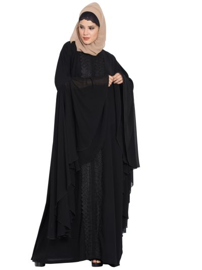 Designer Front Open Abaya with Giant Bell Sleeves and Lace Work