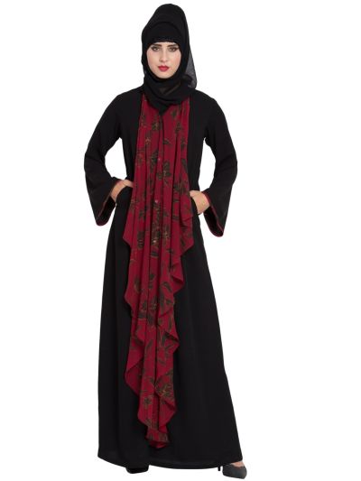 Dual Color Abaya With Floral Print Falling Panels