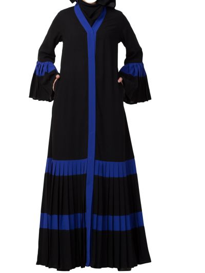 Gorgeous Front Open Abaya in Dual Color with Pleated Bottom & Bell Sleeves