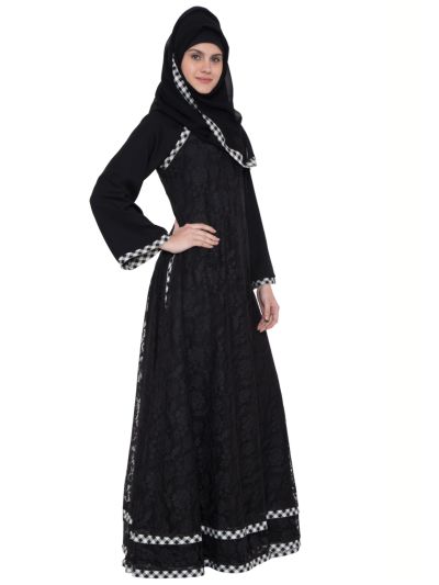 Husn Multi Layered Designer Abaya With Floral Net