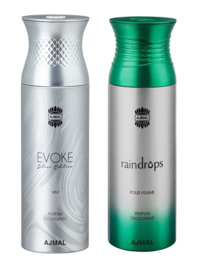 Ajmal Evoke Silver Him & Raindrops Deodorants for Men & Women (pack of 2)