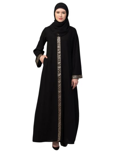 Front Open Abaya Dress With Lace Work (Front & Sleeves)