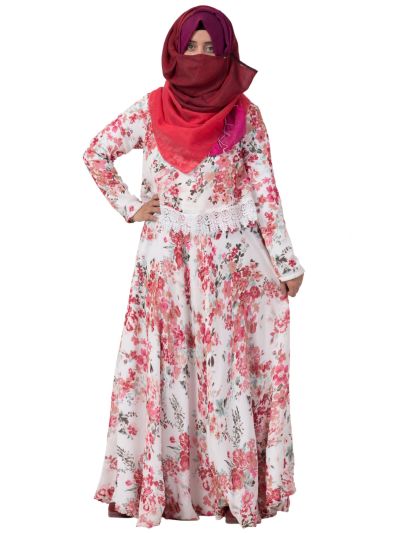 Flowery Print Lace Cape Abaya 