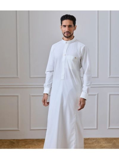 Al Noor Cream Regal Thobe with Gold Crystal Buttons & Printed