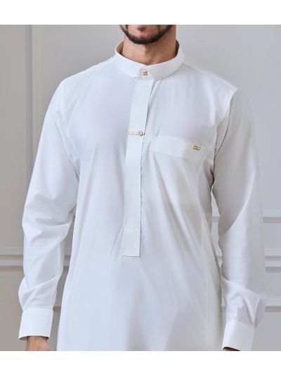Al Noor Cream Regal Thobe with Gold Crystal Buttons & Printed
