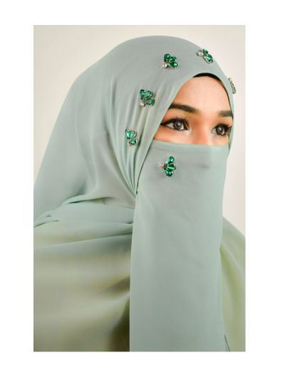 Fathema Green Rhinestone Hijab With Matching Naqab
