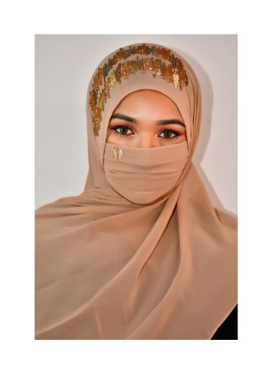 Saima Beige Handwork Hijab With Matching Mask