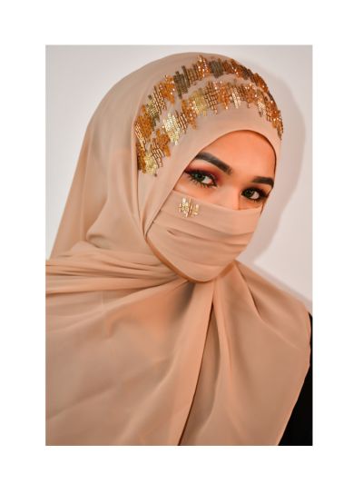 Saima Beige Handwork Hijab With Matching Mask
