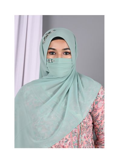 Heer Fern Green Rhinestone Hijab With Matching Mask