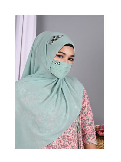 Heer Fern Green Rhinestone Hijab With Matching Mask