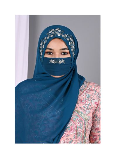 Pareeza Teal Handcrafted Hijab With Matching Mask