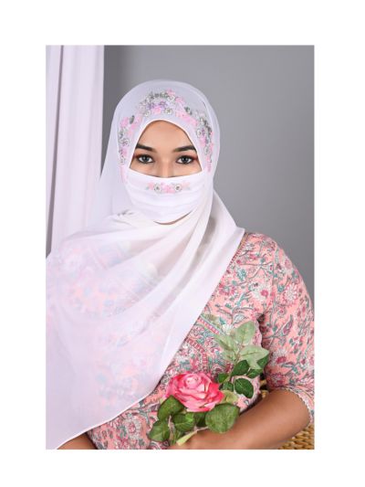 Pareeza White Handcrafted Hijab With Matching Mask