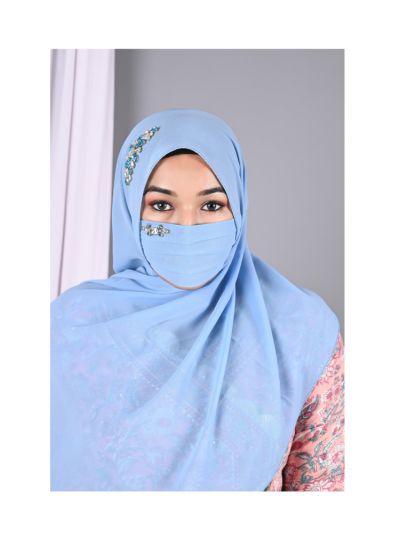 Heer Sky Blue Rhinestone Hijab With Matching Mask