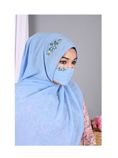 Heer Sky Blue Rhinestone Hijab With Matching Mask