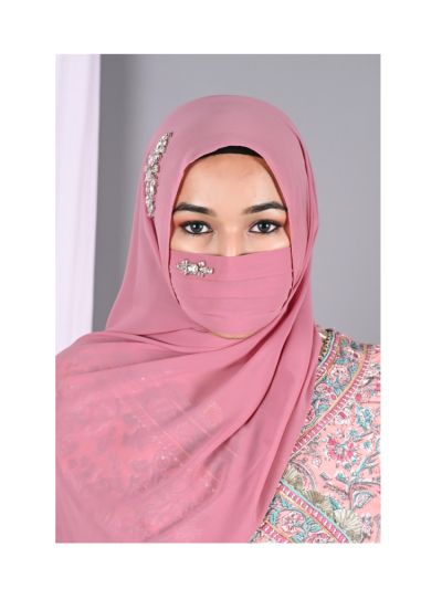 Heer Pink Rhinestone Hijab With Matching Mask