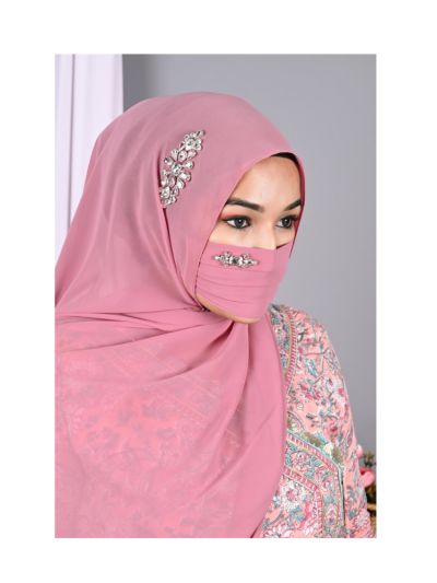 Heer Pink Rhinestone Hijab With Matching Mask