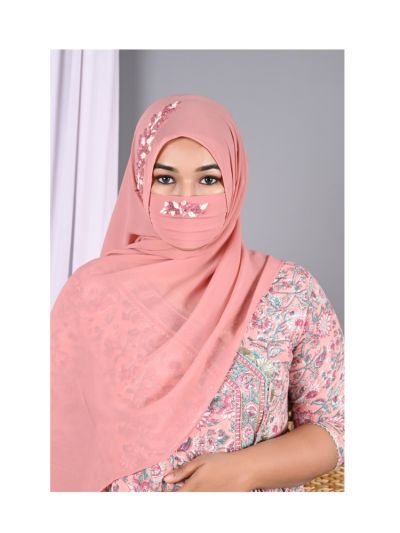 Qalbi Pink Handwork Hijab With Matching Mask
