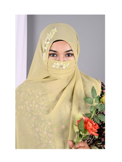 Qalbi Pista Green Handwork Hijab With Matching Mask