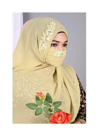 Qalbi Pista Green Handwork Hijab With Matching Mask