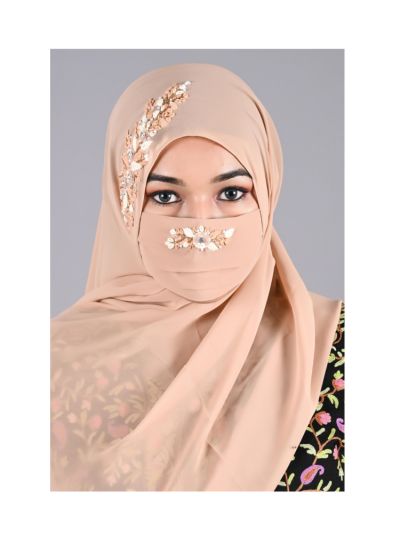 Qalbi Beige Handwork Hijab With Matching Mask