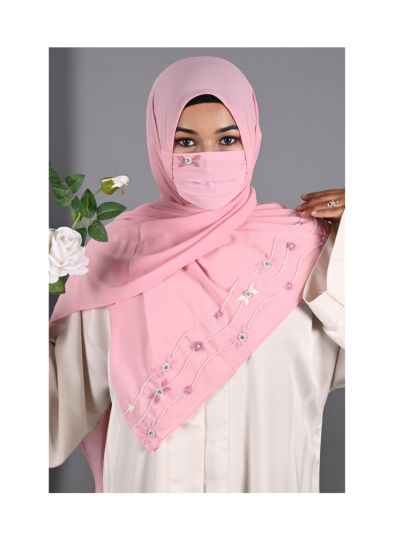 Elena Baby Pink Handwork Hijab With Matching Mask