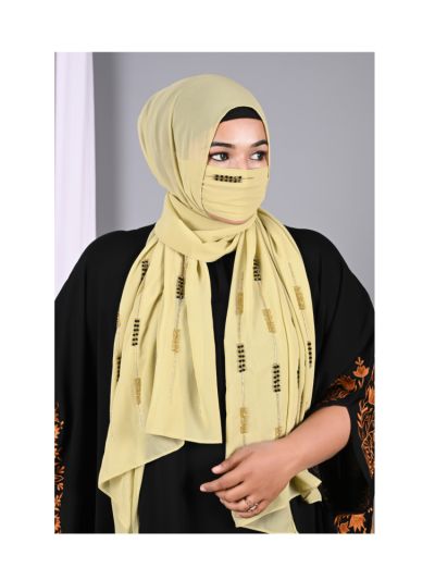 Aniq Green Handwork Hijabs With Matching Mask