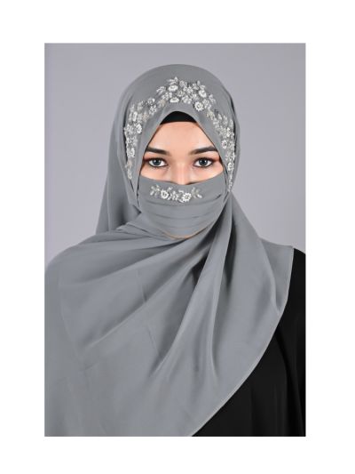 Pareeza Grey Handcrafted Hijab With Matching Mask