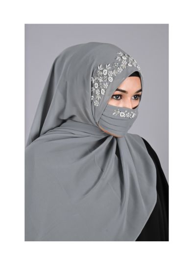 Pareeza Grey Handcrafted Hijab With Matching Mask