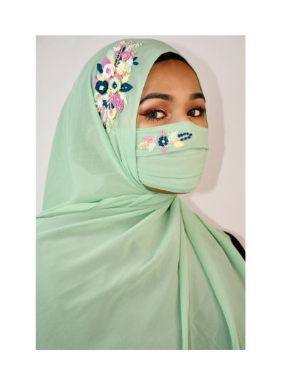 Mariyam Pista Green Threadwork Hijab With Matching Mask