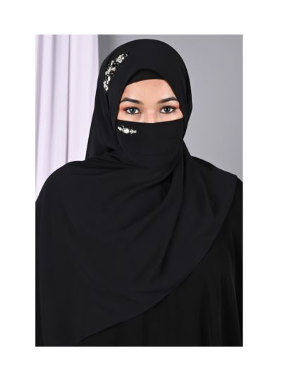 Heer Black Rhinestone Hijab With Matching Mask