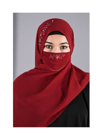 Qalbi Maroon Handwork Hijab With Matching Mask