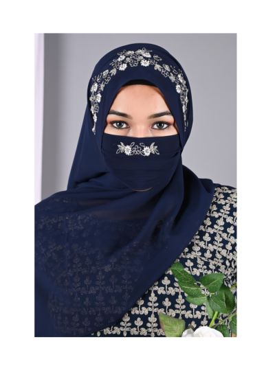Pareeza Navy Blue Handcrafted Hijab With Matching Mask