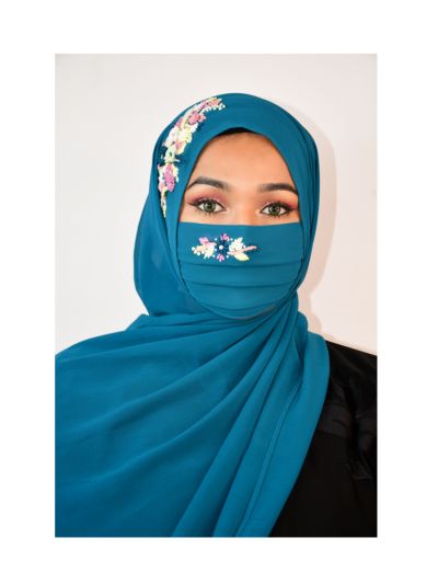 Mariyam Teal Threadwork Hijab With Matching Mask
