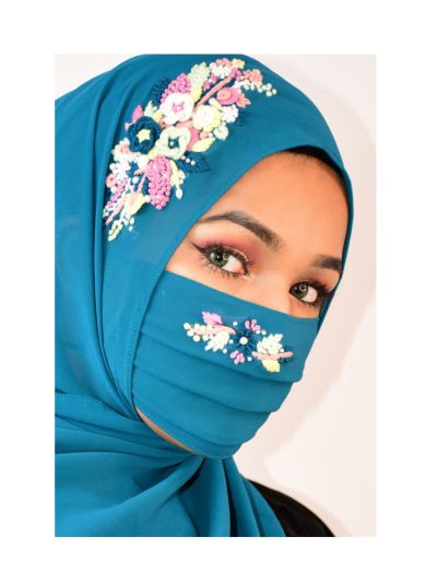 Mariyam Teal Threadwork Hijab With Matching Mask