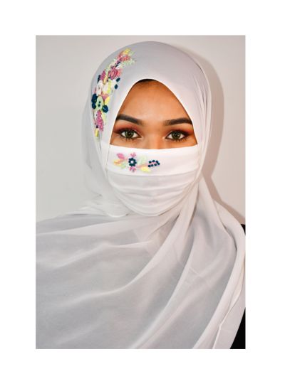 Mariyam White Threadwork Hijab With Matching Mask
