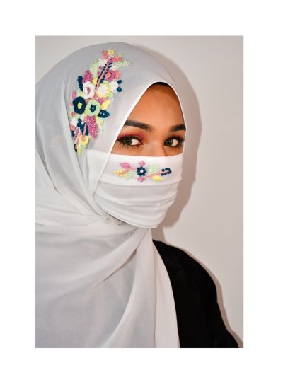 Mariyam White Threadwork Hijab With Matching Mask