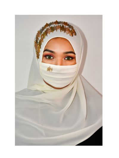 Saima Cream Handwork Hijab With Matching Mask