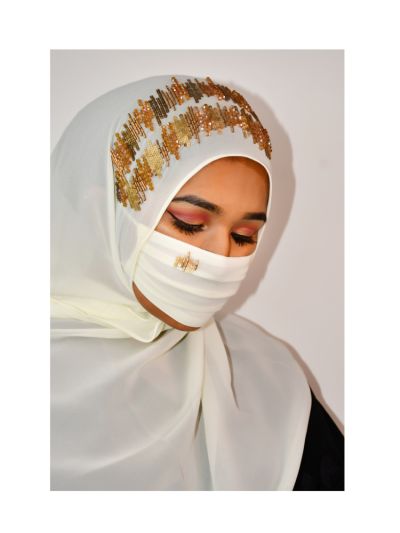 Saima Cream Handwork Hijab With Matching Mask