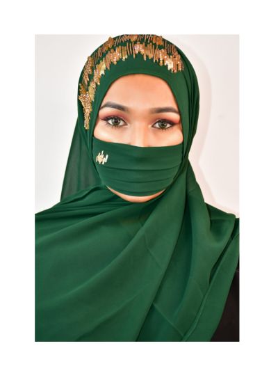 Saima Bottle Green Handwork Hijab With Matching Mask