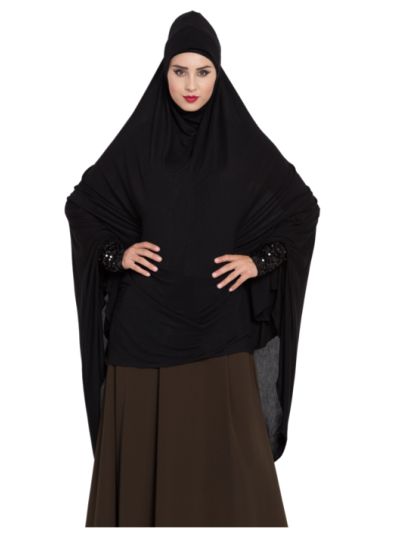 Full Size Jersey Prayer Hijab With Shimmer Sleeves & Inner Cap