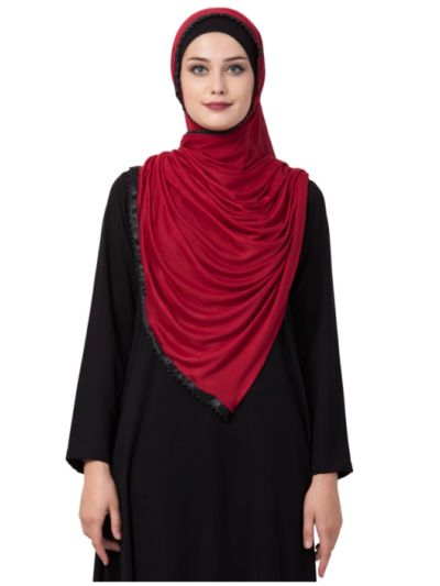 Stole Hijab With Black Pearl Lace and Satin Tape Border