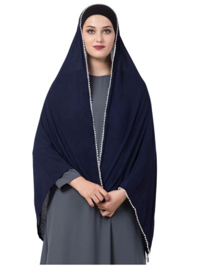 Stole Hijab With White Pearl Lace Border