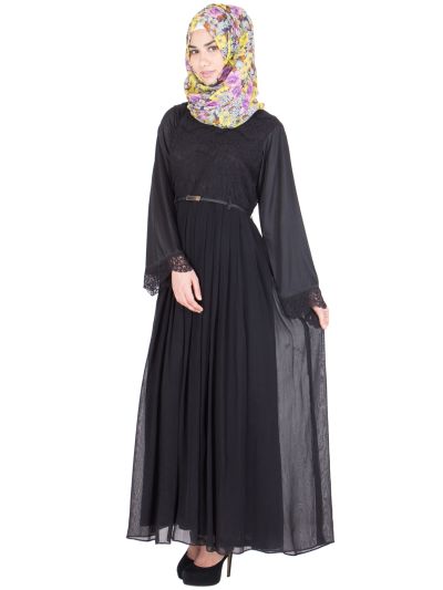 Black Pleated Lace Abaya