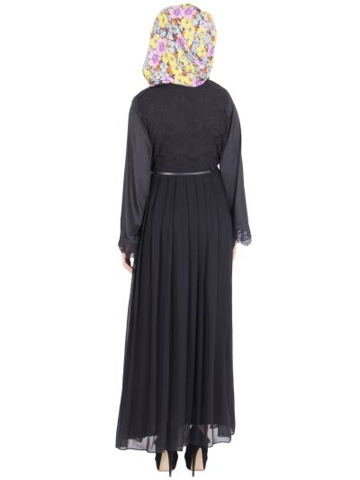 Black Pleated Lace Abaya