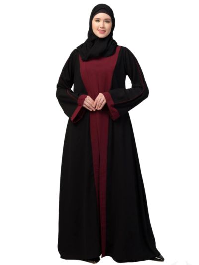 Double Layer Attached Shrug Abaya Dress With Pipin On Sleeves 