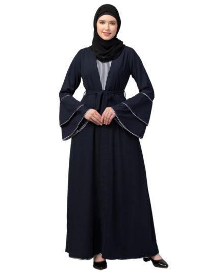 Double Layer Abaya Dress with Attached Shrug & Striped Inner