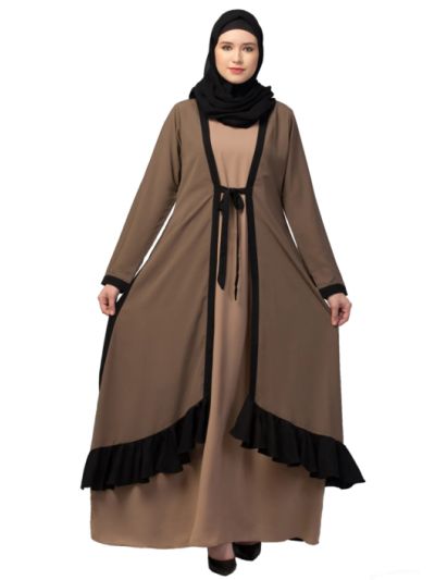 Double Layer Abaya Dress with Frilled Bottom and Attached Shrug