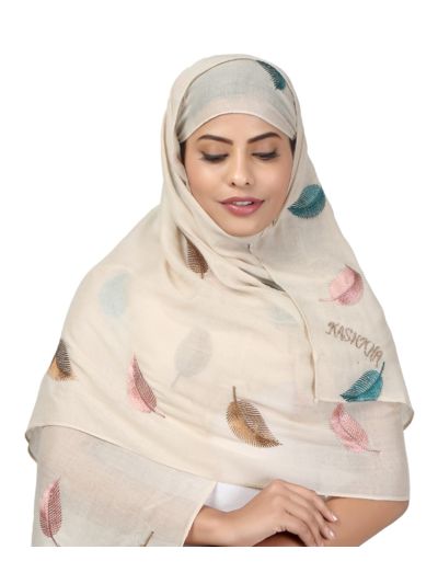 Beige Viscose Embroidered Hijab