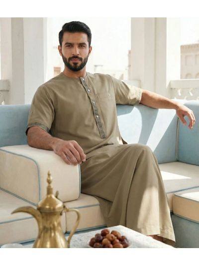 Al Noor Half Sleeves Khaki Brown Thobe