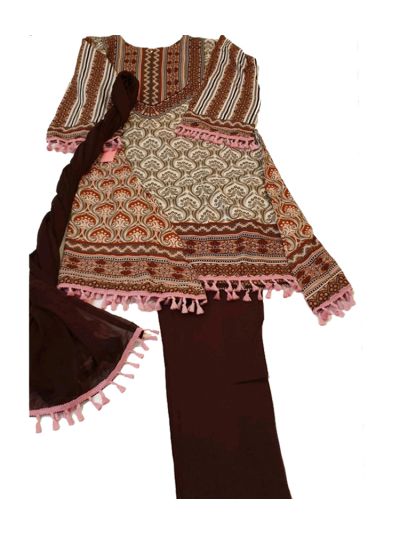 Brown Riwaj Lawn Kurta Set With Tassels